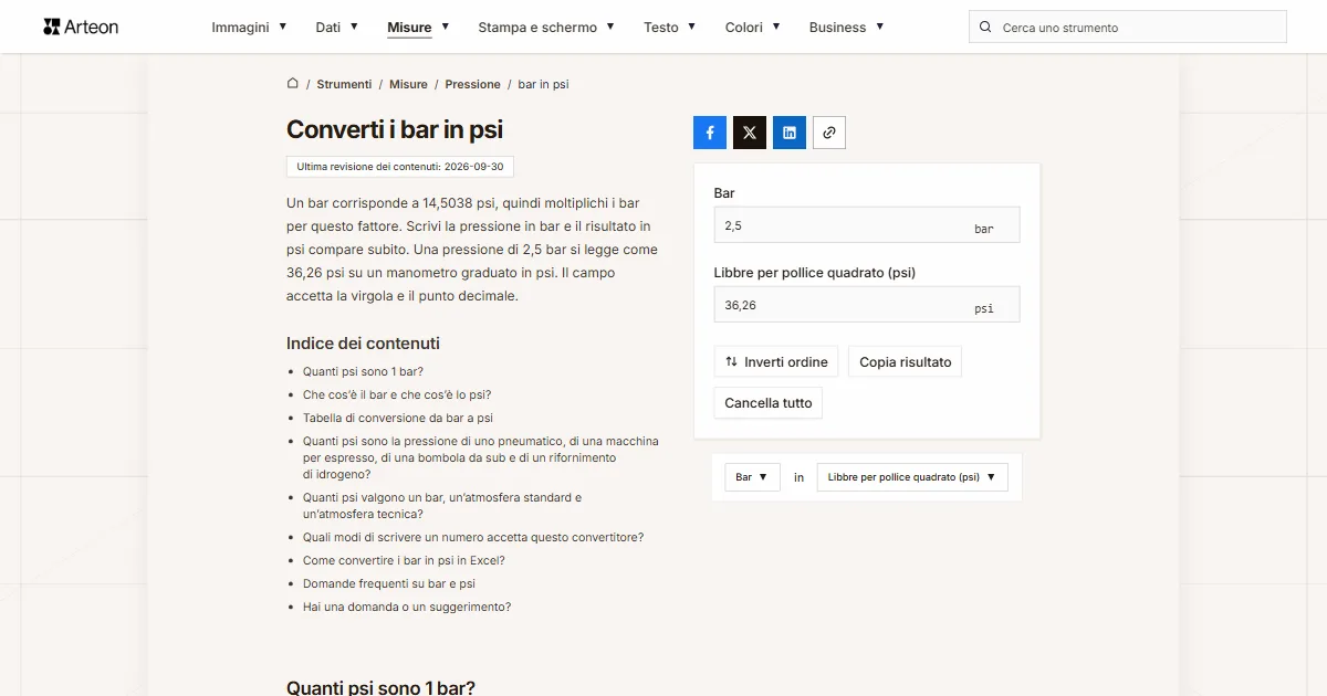 Screenshot dello strumento gratuito Arteon: Converti i bar in psi