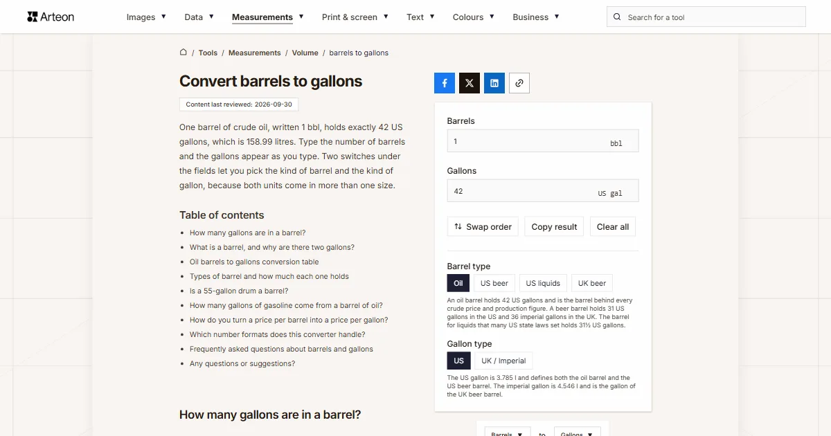 Arteon free tool screenshot: Convert barrels to gallons