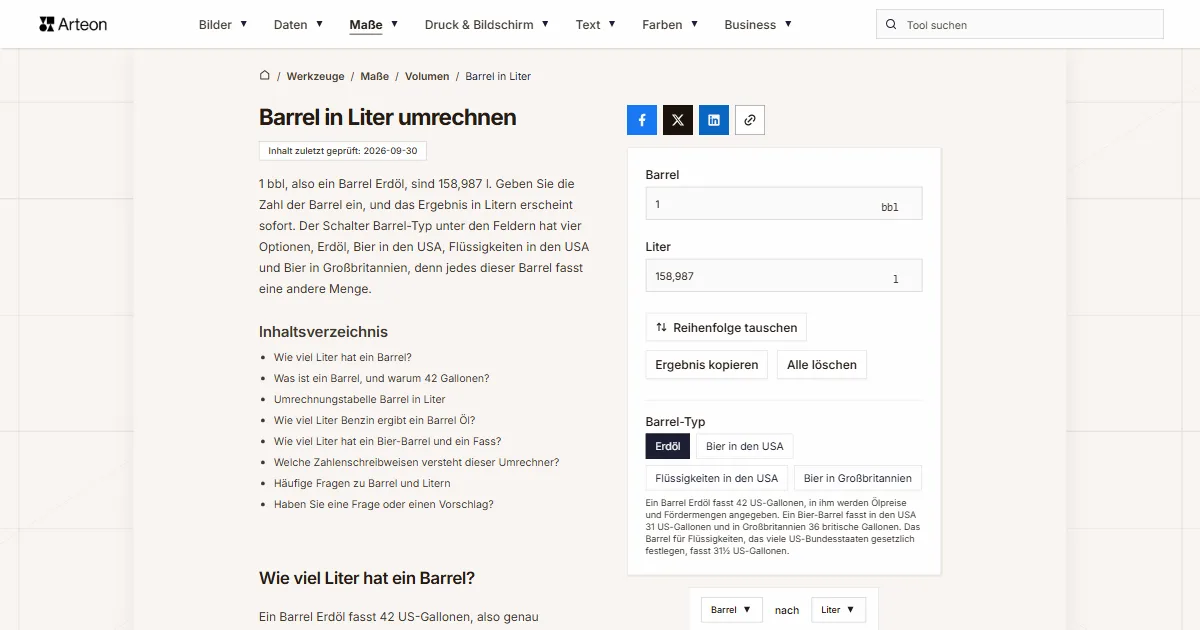 Screenshot des kostenlosen Arteon-Werkzeugs: Barrel in Liter umrechnen