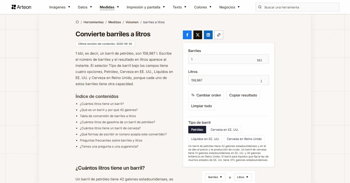 Captura de pantalla de la herramienta gratuita de Arteon: Convierte barriles a litros