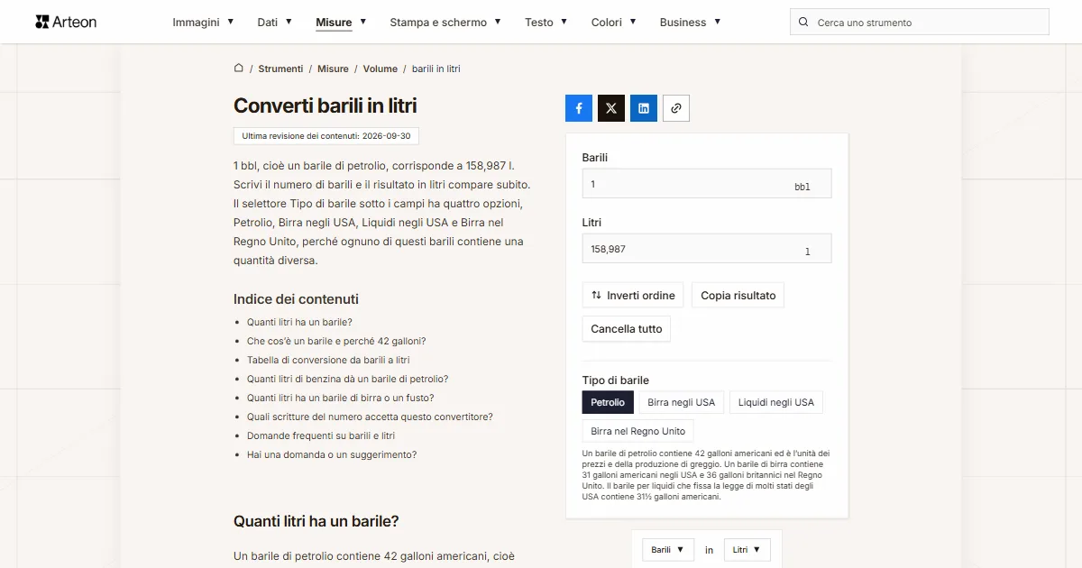 Screenshot dello strumento gratuito Arteon: Converti barili in litri