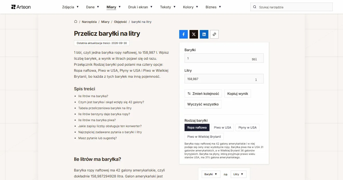 Zrzut ekranu darmowego narzędzia Arteon: Przelicz baryłki na litry