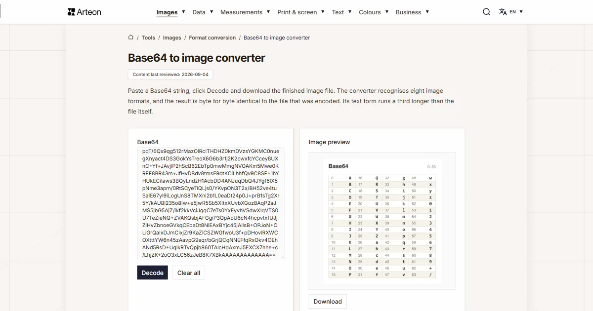 Arteon free tool screenshot: Base64 to image converter