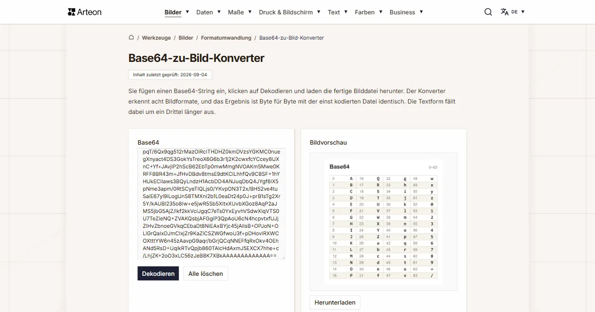 Screenshot des kostenlosen Arteon-Werkzeugs: Base64-zu-Bild-Konverter