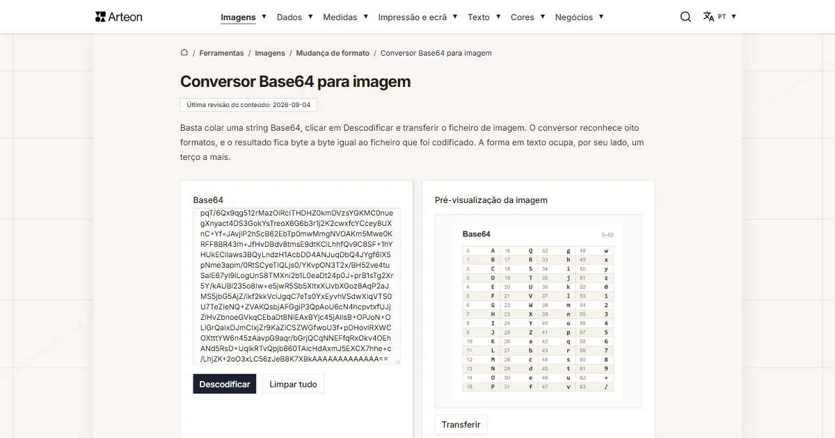 Captura de ecrã da ferramenta gratuita da Arteon: Conversor Base64 para imagem