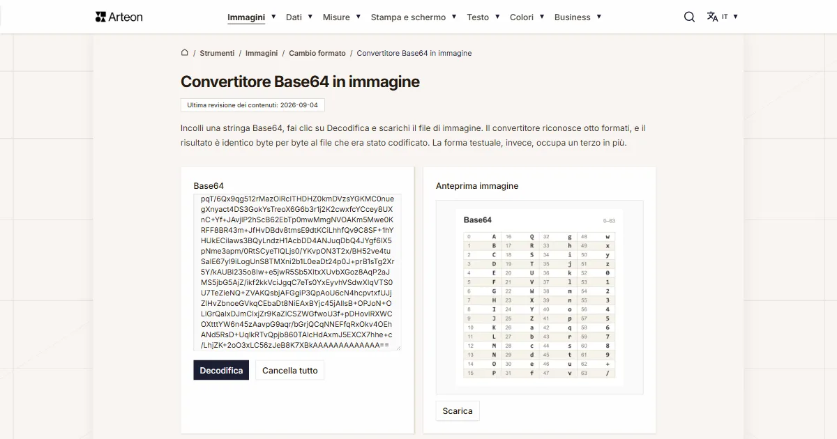 Screenshot dello strumento gratuito Arteon: Convertitore Base64 in immagine