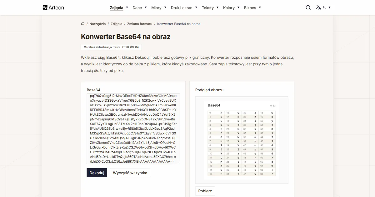Zrzut ekranu darmowego narzędzia Arteon: Konwerter Base64 na obraz