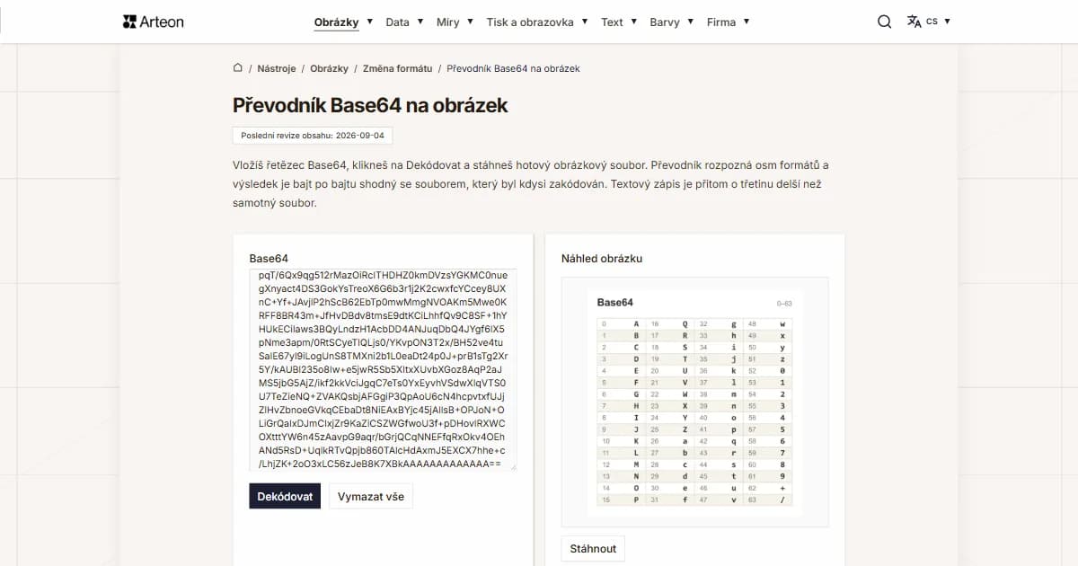 Snímek obrazovky bezplatného nástroje Arteon: Převodník Base64 na obrázek