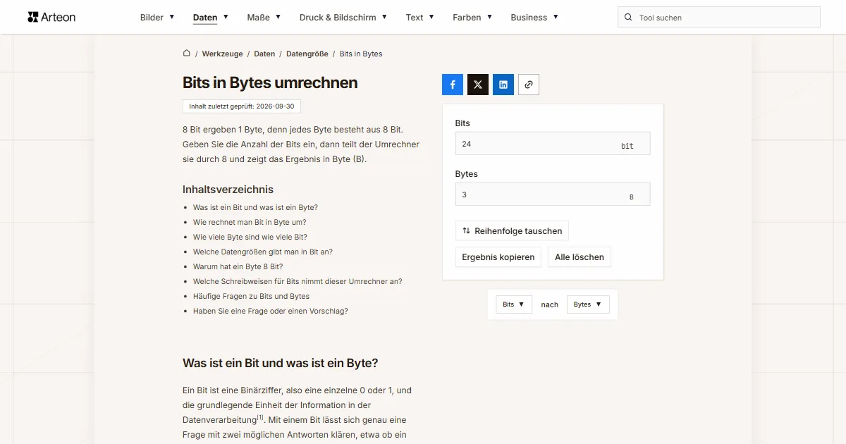 Screenshot des kostenlosen Arteon-Werkzeugs: Bits in Bytes umrechnen