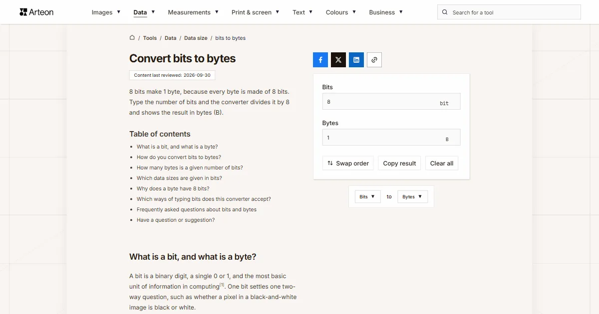 Arteon free tool screenshot: Convert bits to bytes