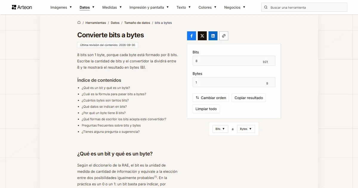 Captura de pantalla de la herramienta gratuita de Arteon: Convierte bits a bytes