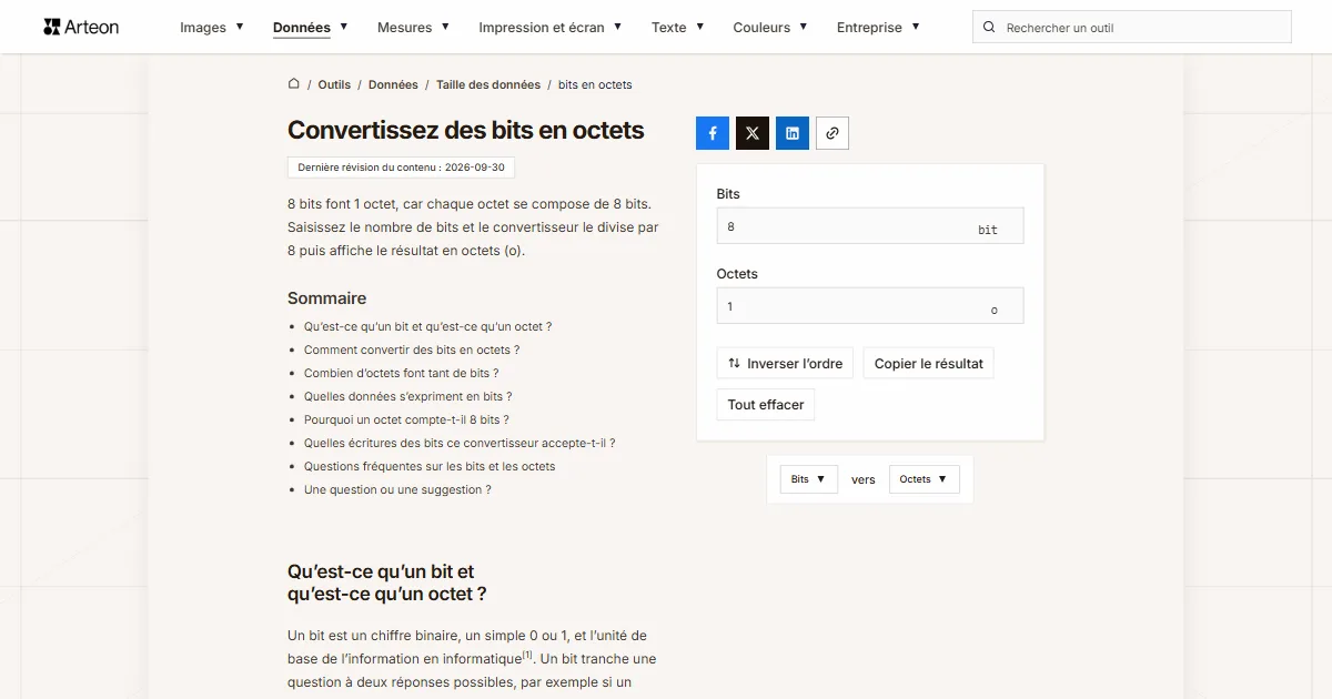 Capture d'écran de l'outil gratuit d'Arteon: Convertissez des bits en octets