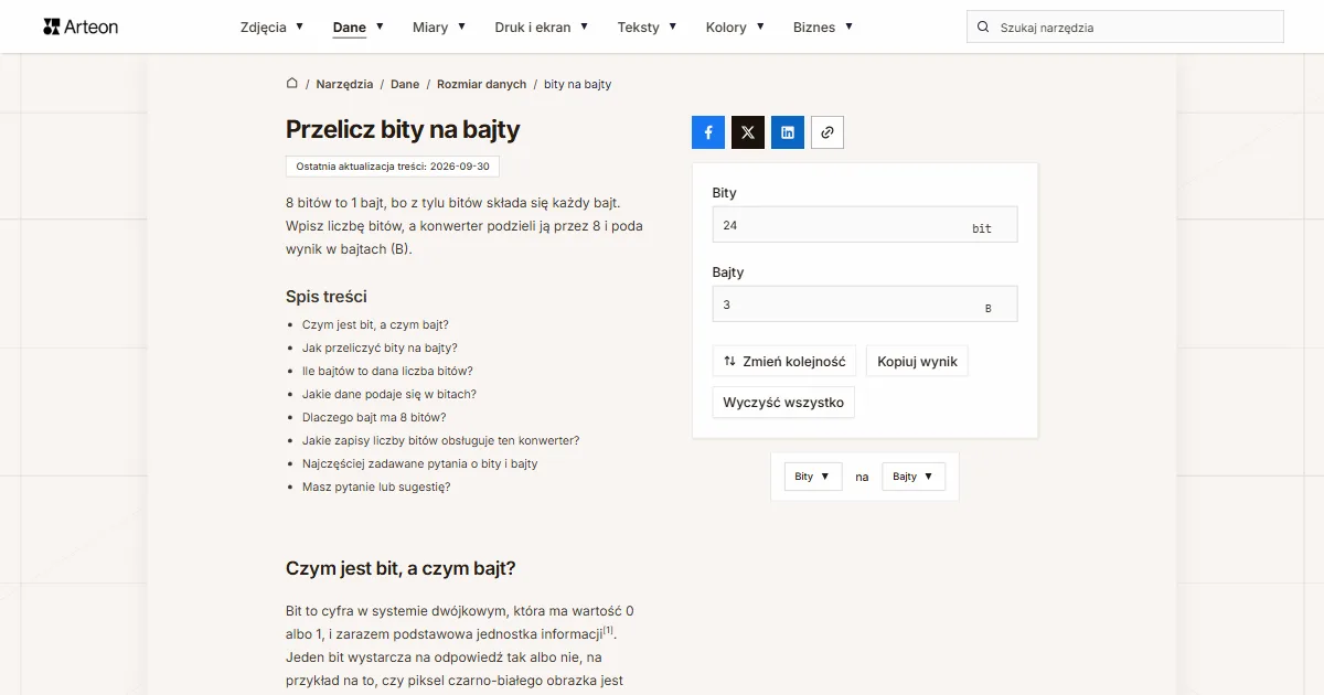 Zrzut ekranu darmowego narzędzia Arteon: Przelicz bity na bajty