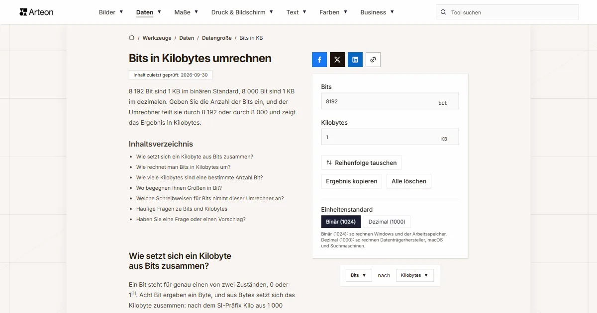 Screenshot des kostenlosen Arteon-Werkzeugs: Bits in Kilobytes umrechnen