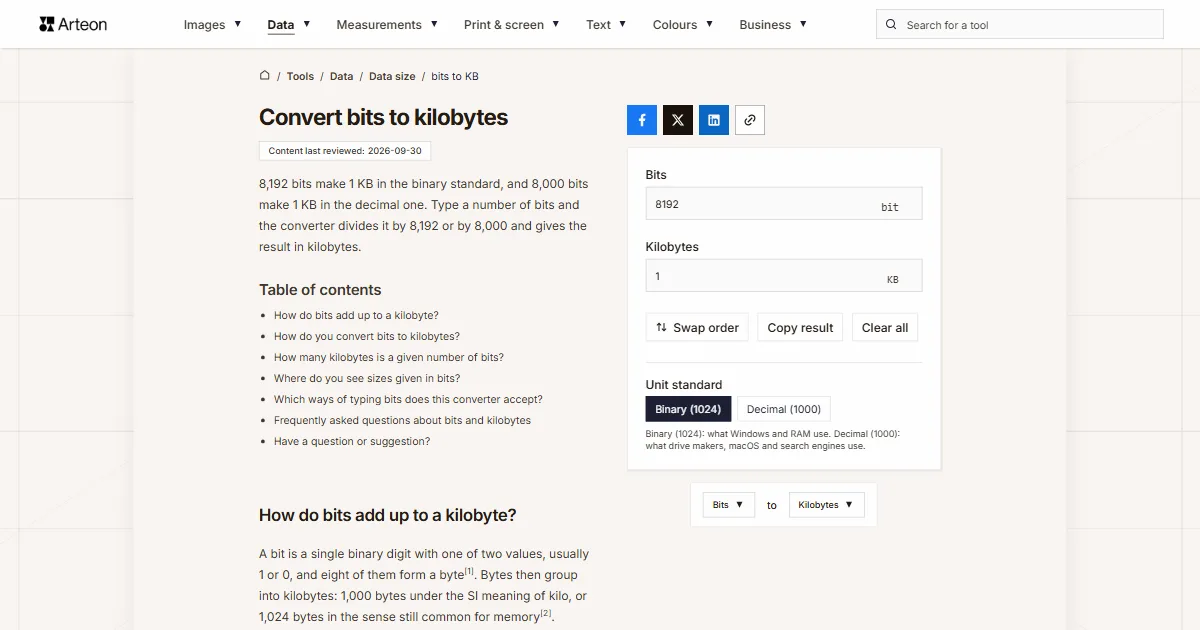 Arteon free tool screenshot: Convert bits to kilobytes