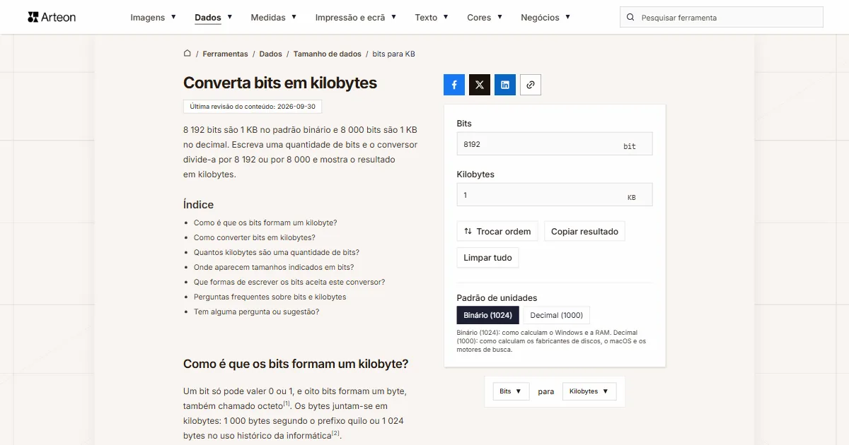 Captura de ecrã da ferramenta gratuita da Arteon: Converta bits em kilobytes