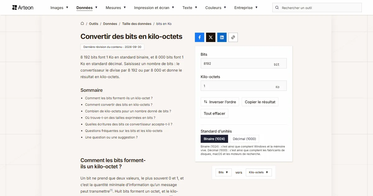 Capture d'écran de l'outil gratuit d'Arteon: Convertir des bits en kilo-octets