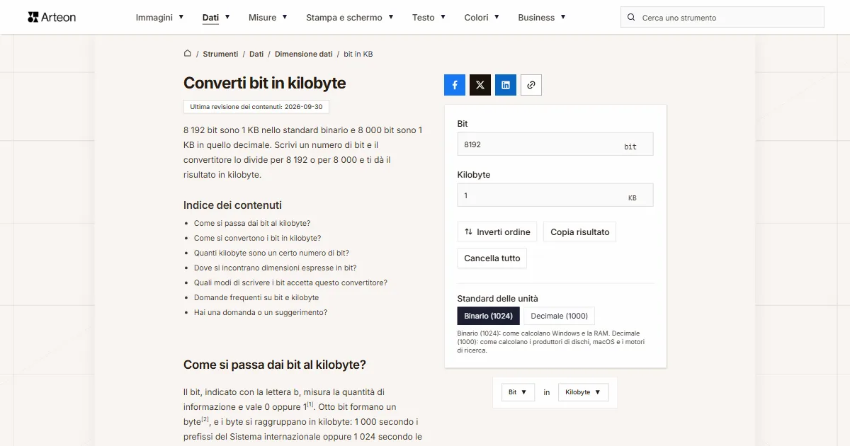 Screenshot dello strumento gratuito Arteon: Converti bit in kilobyte