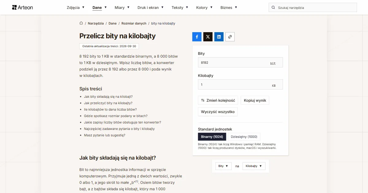 Zrzut ekranu darmowego narzędzia Arteon: Przelicz bity na kilobajty