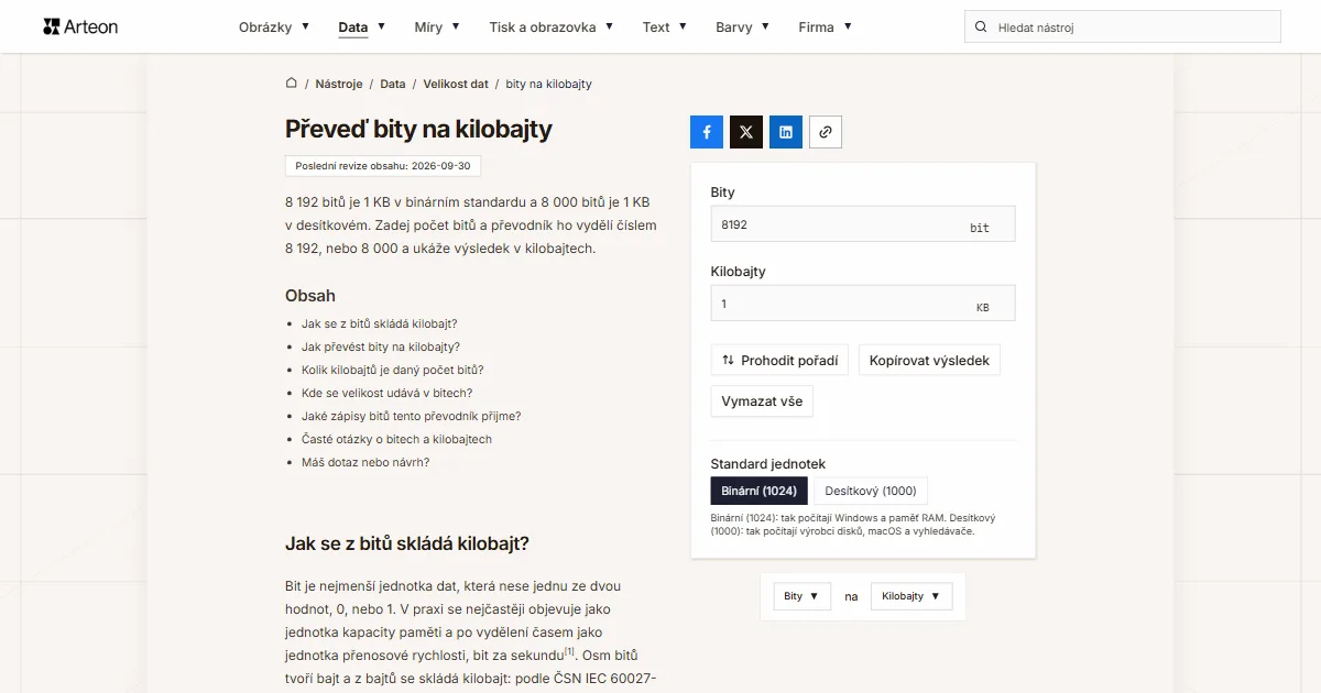 Snímek obrazovky bezplatného nástroje Arteon: Převeď bity na kilobajty