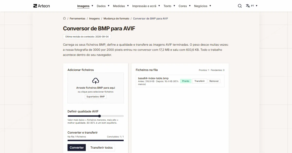 Captura de ecrã da ferramenta gratuita da Arteon: Conversor de BMP para AVIF