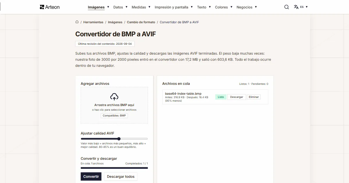 Captura de pantalla de la herramienta gratuita de Arteon: Convertidor de BMP a AVIF