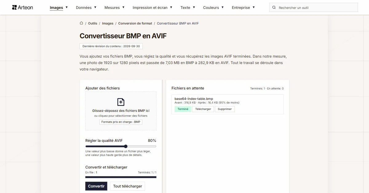 Capture d'écran de l'outil gratuit d'Arteon: Convertisseur BMP en AVIF