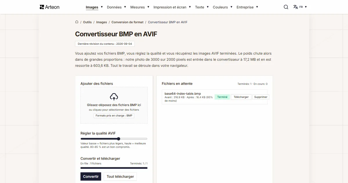 Capture d'écran de l'outil gratuit d'Arteon: Convertisseur BMP en AVIF