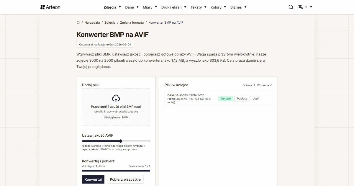 Zrzut ekranu darmowego narzędzia Arteon: Konwerter BMP na AVIF