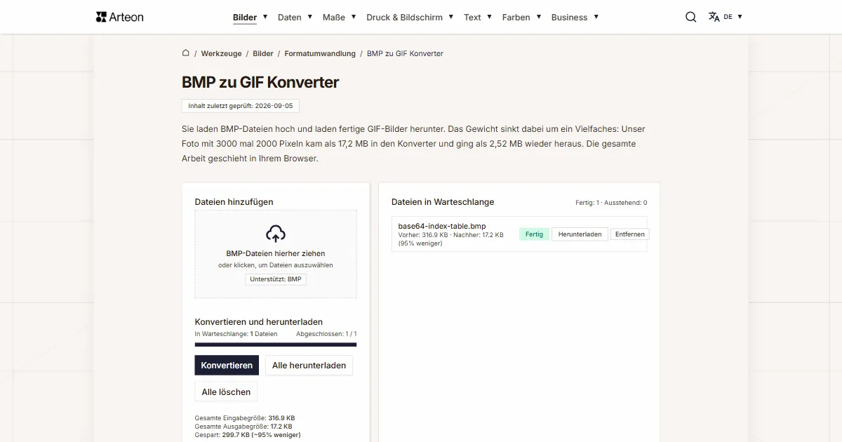 Screenshot des kostenlosen Arteon-Werkzeugs: BMP zu GIF Konverter