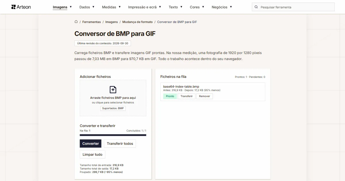 Captura de ecrã da ferramenta gratuita da Arteon: Conversor de BMP para GIF