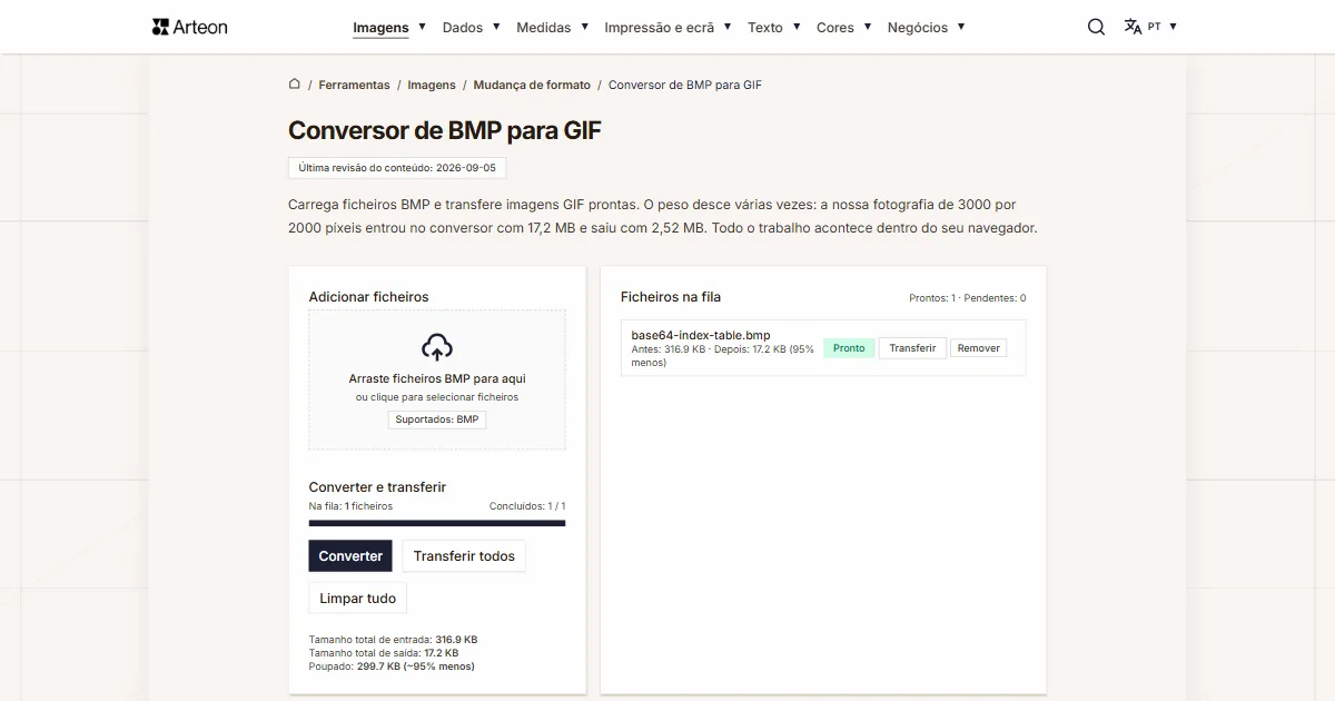Captura de ecrã da ferramenta gratuita da Arteon: Conversor de BMP para GIF
