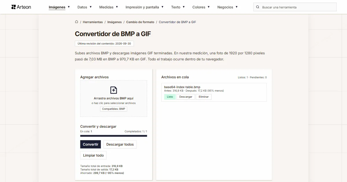 Captura de pantalla de la herramienta gratuita de Arteon: Convertidor de BMP a GIF