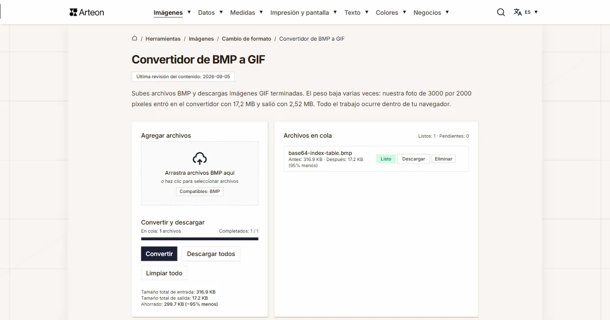 Captura de pantalla de la herramienta gratuita de Arteon: Convertidor de BMP a GIF