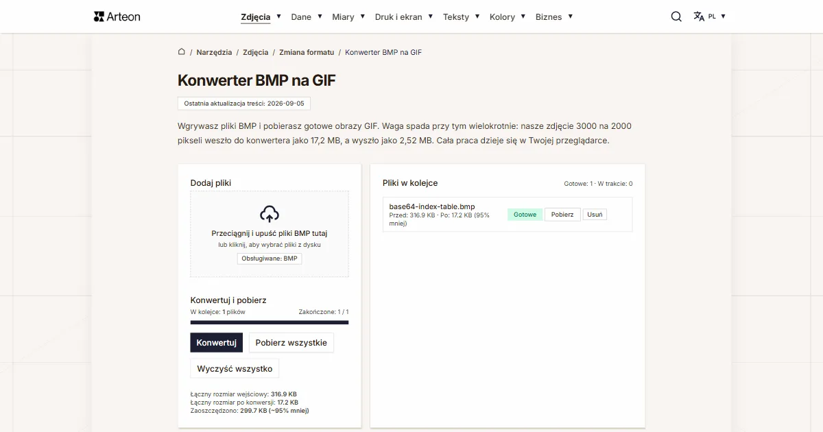 Zrzut ekranu darmowego narzędzia Arteon: Konwerter BMP na GIF