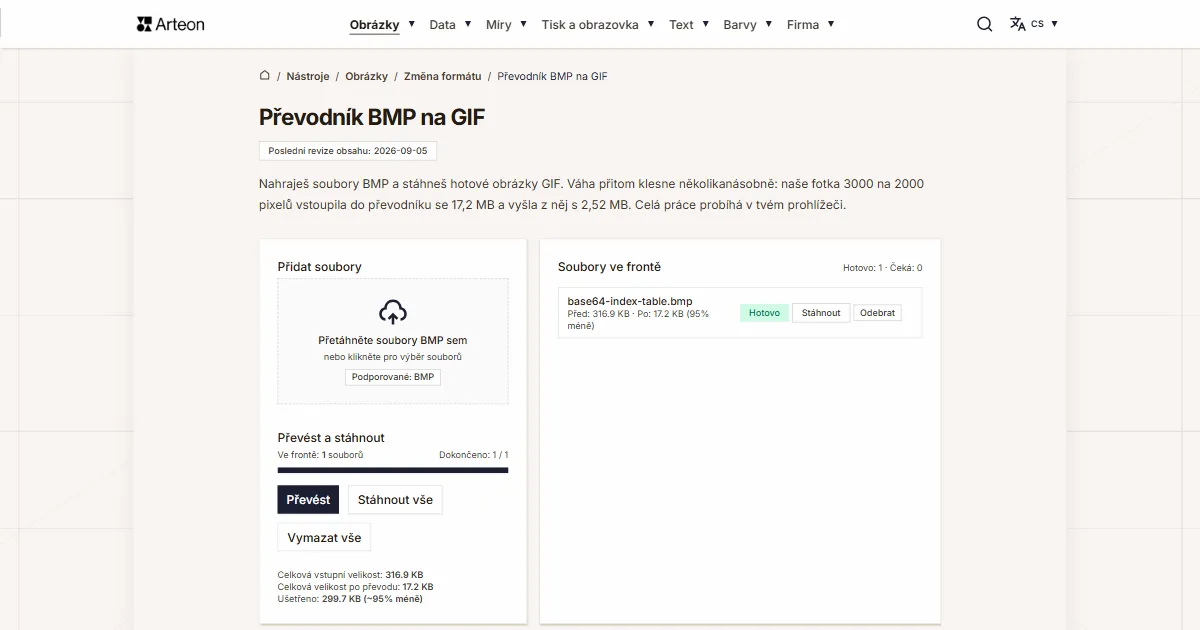 Snímek obrazovky bezplatného nástroje Arteon: Převodník BMP na GIF
