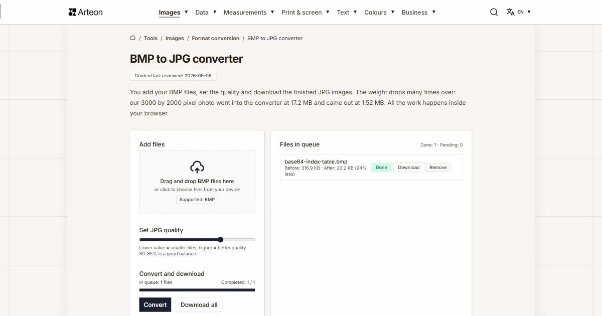 Arteon free tool screenshot: BMP to JPG converter