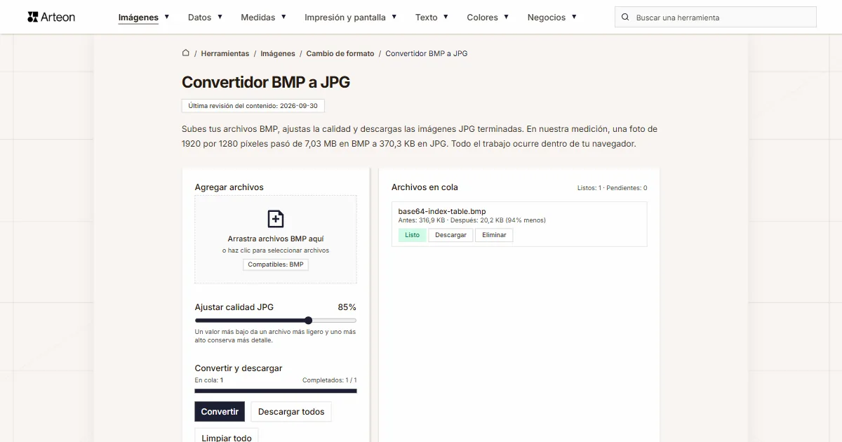 Captura de pantalla de la herramienta gratuita de Arteon: Convertidor BMP a JPG