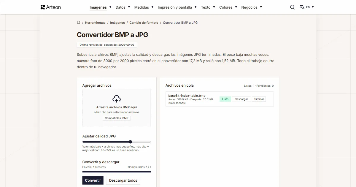 Captura de pantalla de la herramienta gratuita de Arteon: Convertidor BMP a JPG
