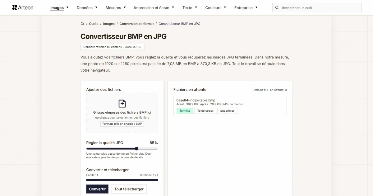 Capture d'écran de l'outil gratuit d'Arteon: Convertisseur BMP en JPG