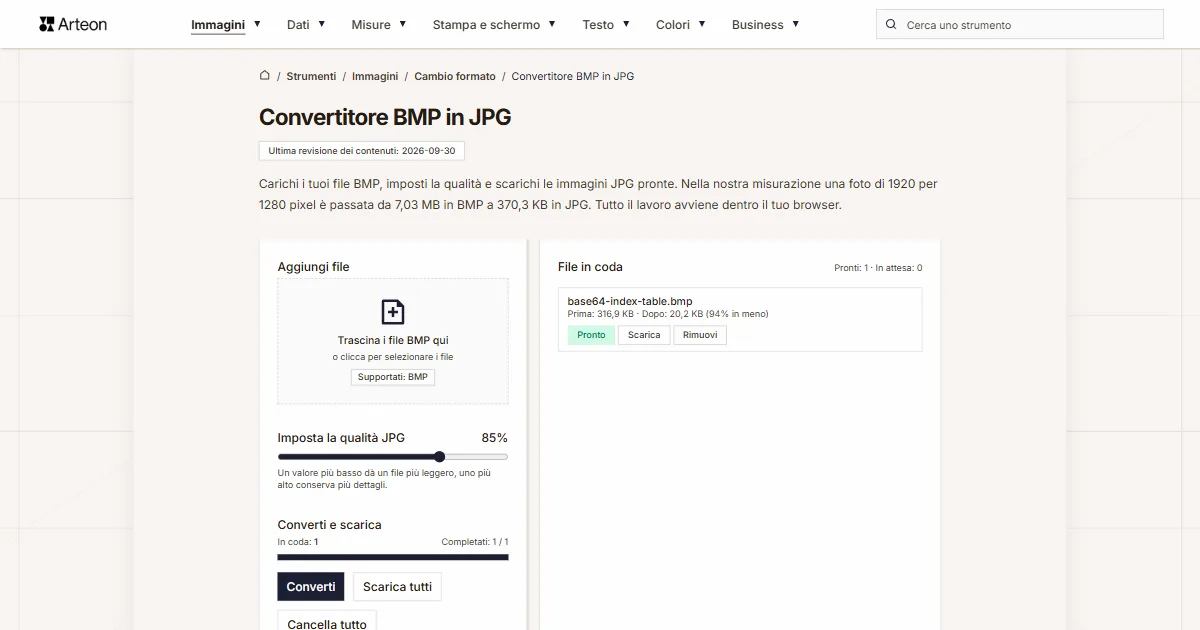 Screenshot dello strumento gratuito Arteon: Convertitore BMP in JPG