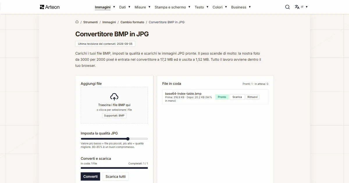 Screenshot dello strumento gratuito Arteon: Convertitore BMP in JPG