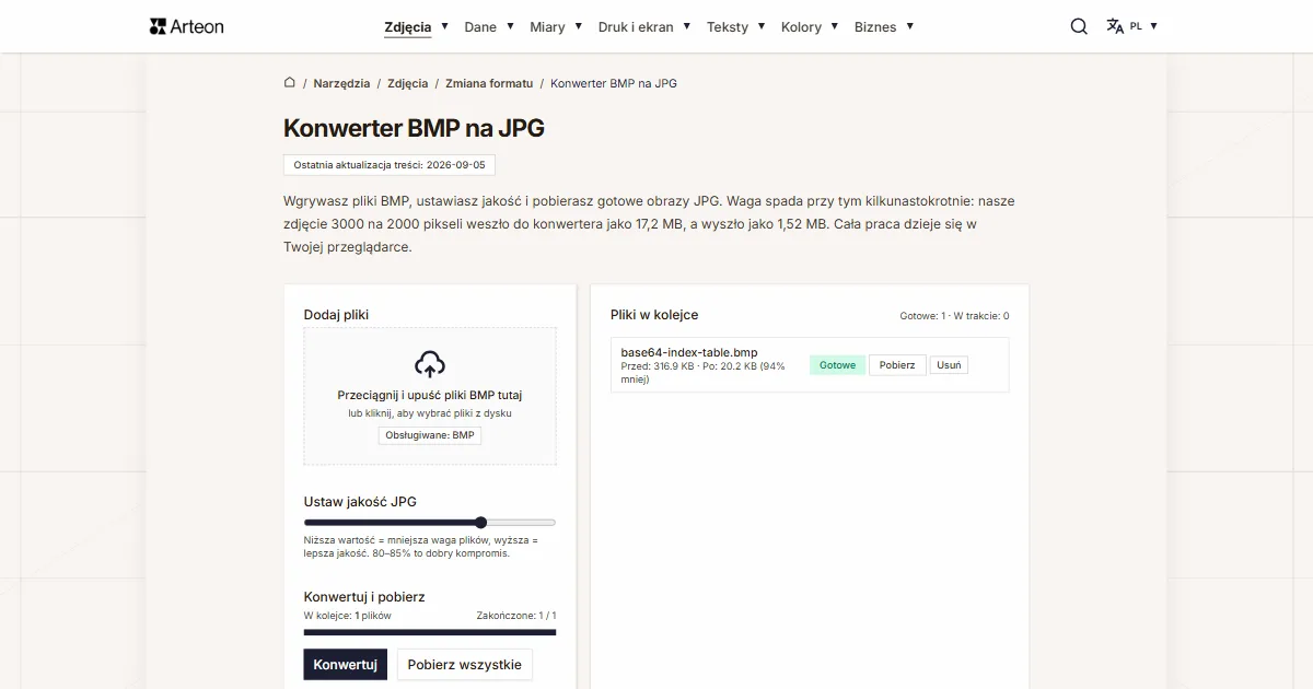 Zrzut ekranu darmowego narzędzia Arteon: Konwerter BMP na JPG