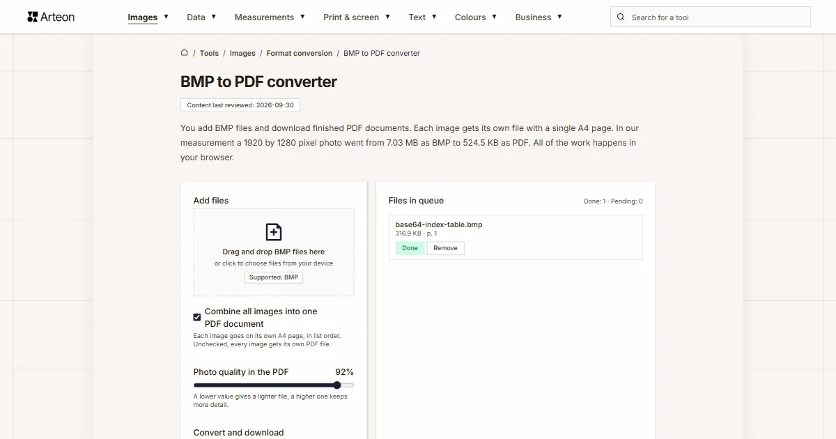 Arteon free tool screenshot: BMP to PDF converter