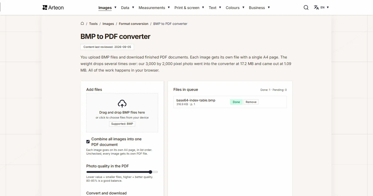 Arteon free tool screenshot: BMP to PDF converter