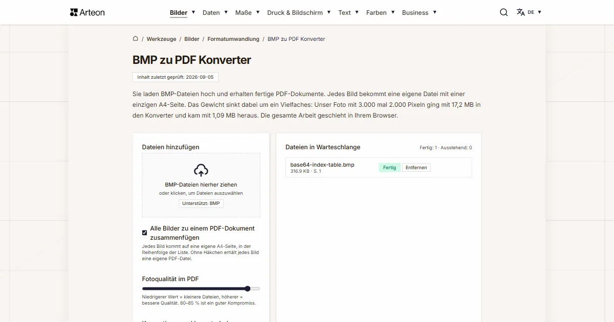 Screenshot des kostenlosen Arteon-Werkzeugs: BMP zu PDF Konverter