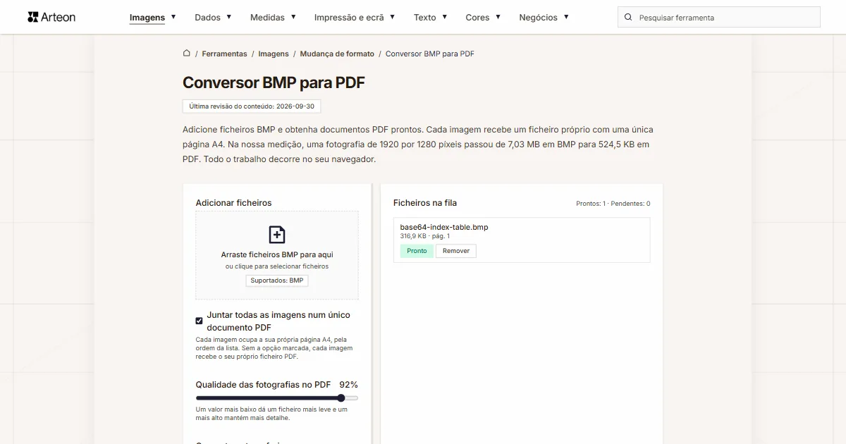 Captura de ecrã da ferramenta gratuita da Arteon: Conversor BMP para PDF