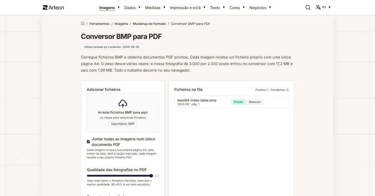 Captura de ecrã da ferramenta gratuita da Arteon: Conversor BMP para PDF