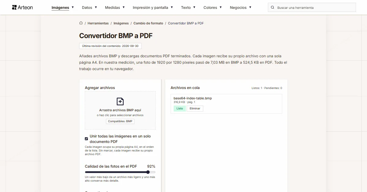Captura de pantalla de la herramienta gratuita de Arteon: Convertidor BMP a PDF