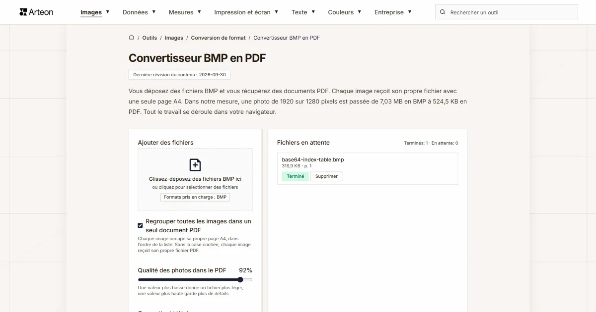 Capture d'écran de l'outil gratuit d'Arteon: Convertisseur BMP en PDF